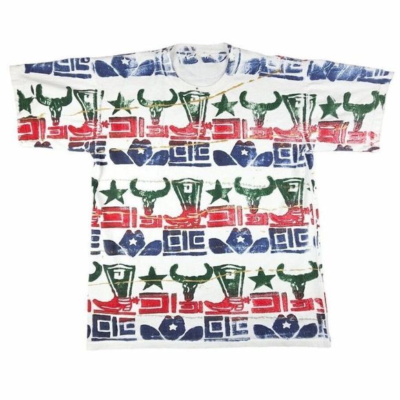 Vintage Cowboy T Shirt Mens Size XL 90s All Over Print Texas Cow Skull Rodeo - Picture 1 of 6